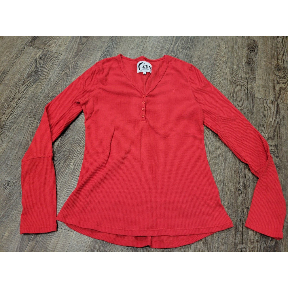ZYIA Active Henley Long Sleeve Top Red Womens Large Ribbed Thermal Textured